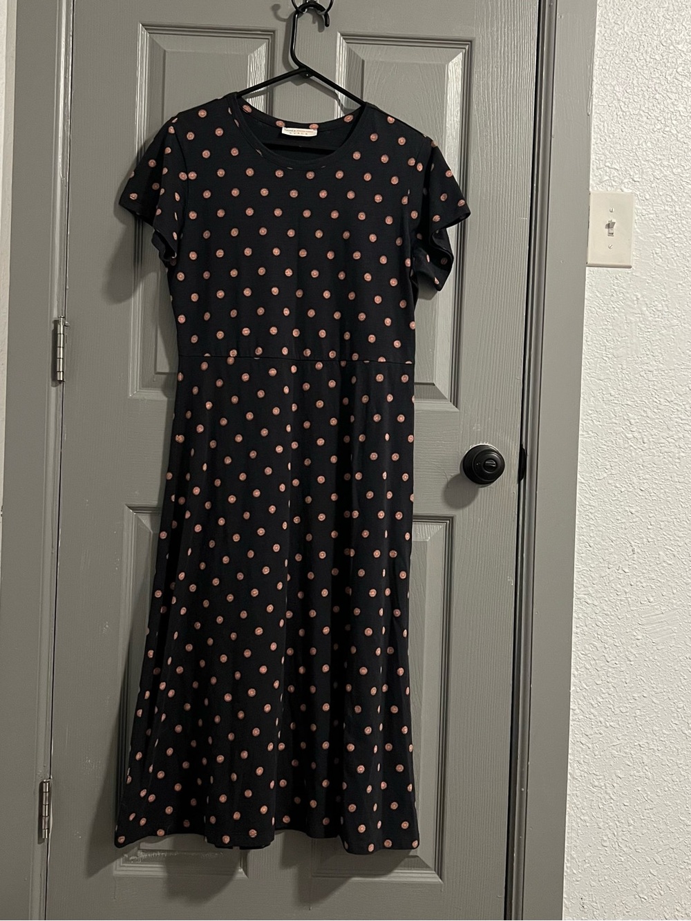 Natural Known Supply Black Dress Coral Patterned Dots Short Sleeve Midi Slit